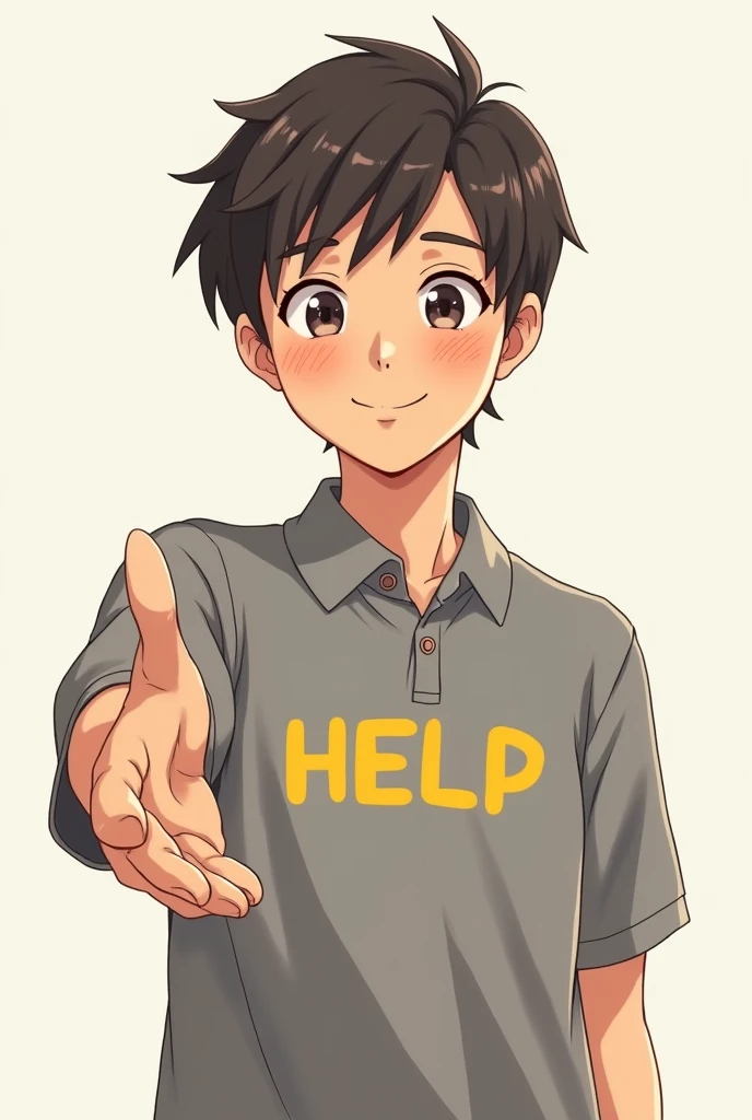 A person extending his hand as if to help the screen with a soft smile on his face and engaging and caring being ready to help, with a gray polo shirt with help written in yellow, in manga genre