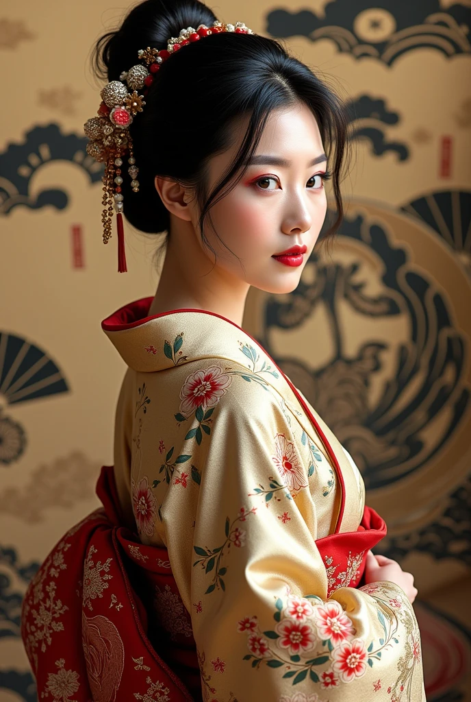 (score_9:1.2), (score_8_up:1.2), (score_7_up:1.2),solo,Perfect anatomy,(Line art:1.3), refined and elegant woman wearing a luxurious kimono, adorned with intricate patterns of flowers and cranes. The kimono features a soft blend of gold, deep red, and black colors, with delicate embroidery on the sleeves and obi. The woman has her hair styled in a traditional updo, accessorized with ornate hairpins. The background is a sophisticated combination of gold and black Japanese patterns, featuring traditional motifs like waves, clouds, and fans, evoking a sense of serene beauty and cultural depth,BREAK,(best quality:1.3),(best masterpiece:1.3), newest, (intricate details:1.2), ai-generated,depth of field,dynamic angle,dynamic pose,cinematic lighting,Eye shadow, lipstick