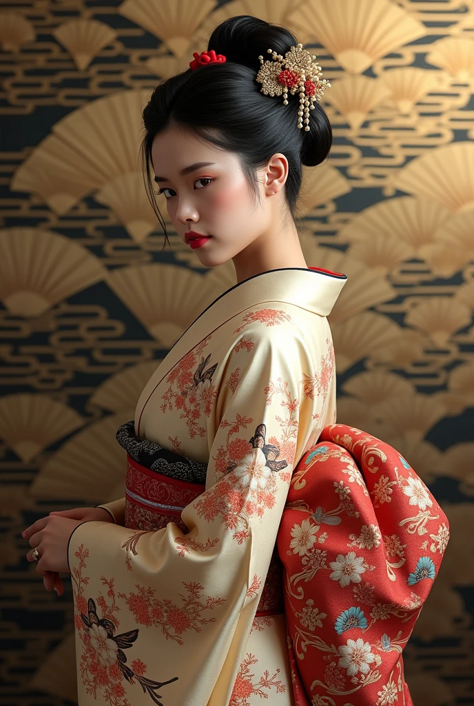 (score_9:1.2), (score_8_up:1.2), (score_7_up:1.2),solo,Perfect anatomy,(Line art:1.3), refined and elegant woman wearing a luxurious kimono, adorned with intricate patterns of flowers and cranes. The kimono features a soft blend of gold, deep red, and black colors, with delicate embroidery on the sleeves and obi. The woman has her hair styled in a traditional updo, accessorized with ornate hairpins. The background is a sophisticated combination of gold and black Japanese patterns, featuring traditional motifs like waves, clouds, and fans, evoking a sense of serene beauty and cultural depth,BREAK,(best quality:1.3),(best masterpiece:1.3), newest, (intricate details:1.2), ai-generated,depth of field,dynamic angle,dynamic pose,cinematic lighting,Eye shadow, lipstick
