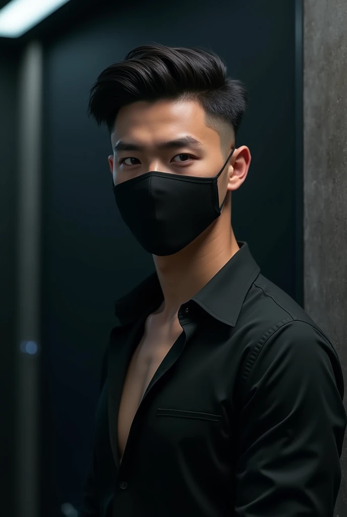 Create a ultra realistic picture where a attractive boy in a black shirt with a face mask. The background feature is cyber style black wall. There should not be his shadow, and will be so handsome,smart and sexy