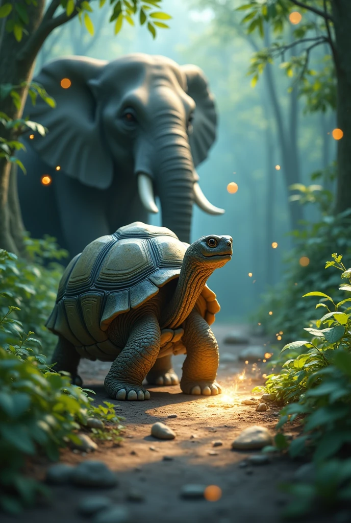 Make the tortoise arrive at the secret place, he opens his mouth and the path to the yam opened up to the tortoise while one elephant watching from a dIstance hides behind the bush and only his eyes and ears can be seen coming out the bushes. Make the words GWON GWON GWON GWON be above the tortoise