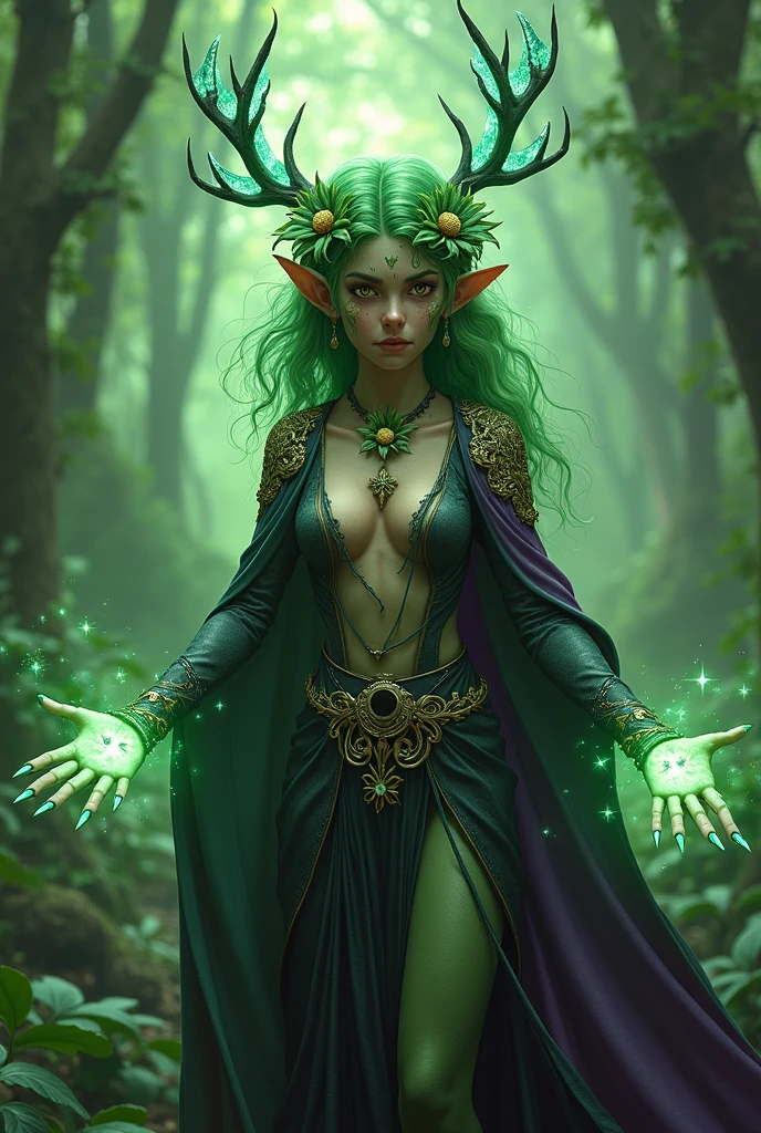 Jungle like environment. A young Plant woman with a deep green skin tone & a set of B-cup breast. She short has leaf green curly hair & is wearing a revealing mythic flowing Black-Purple-Green cloak with Golden Floral designs & an otherworldly flower wreath on he head. She has Serious gaze in her Starlike Golden eyes & a heavy freckled form. She has long transparent crystal blue antlers radiating Floral energy & a set of quaint elven ears. She has a small cute nose She is seen in a battle stance summoning verdant green Starlight magic from her fingertips