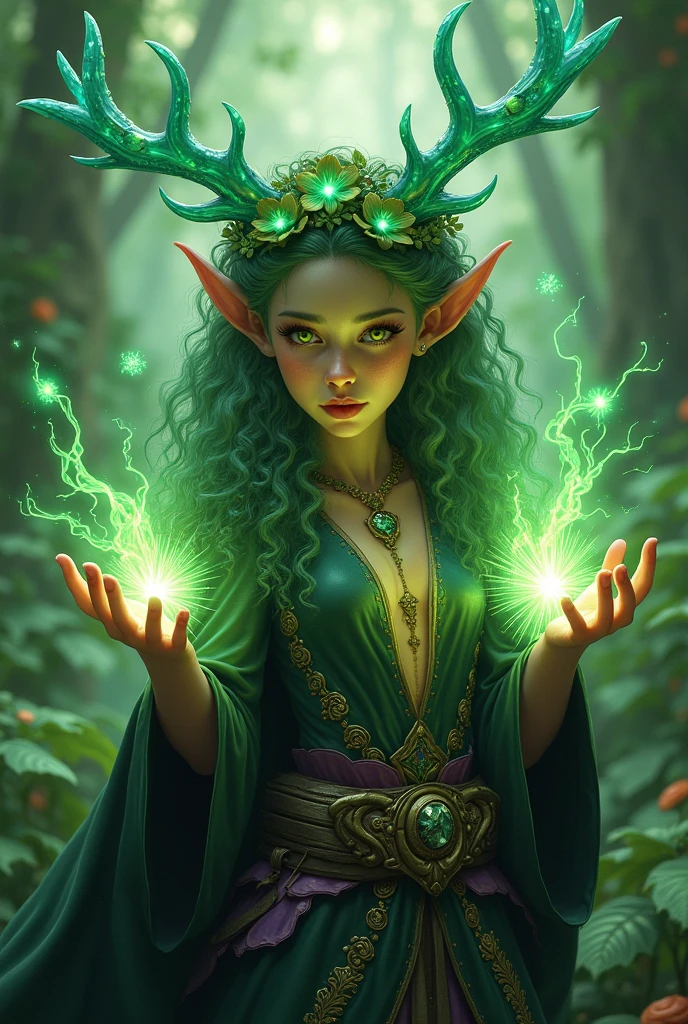Jungle like environment. A young Plant woman with a deep green skin tone & a set of B-cup breast. She short has leaf green curly hair & is wearing a revealing mythic flowing Black-Purple-Green cloak with Golden Floral designs & an otherworldly flower wreath on he head. She has Serious gaze in her Starlike Golden eyes & a heavy freckled form. She has long transparent crystal blue antlers radiating Floral energy & a set of quaint elven ears. She has a small cute nose She is seen in a battle stance summoning verdant green Starlight magic from her fingertips