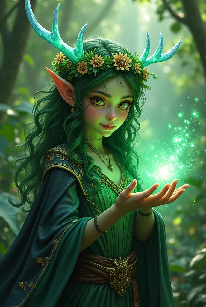 Jungle like environment. A young Plant woman with a deep green skin tone & a set of B-cup breast. She short has leaf green curly hair & is wearing a revealing mythic flowing Black-Purple-Green cloak with Golden Floral designs & an otherworldly flower wreath on he head. She has Serious gaze in her Starlike Golden eyes & a heavy freckled form. She has long transparent crystal blue antlers radiating Floral energy & a set of quaint elven ears. She has a small cute nose She is seen in a battle stance summoning verdant green Starlight magic from her fingertips