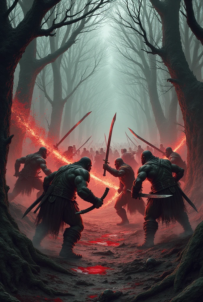 orc warriors in battle running inside the forest at dusk in a bloody battle against wizards and humans