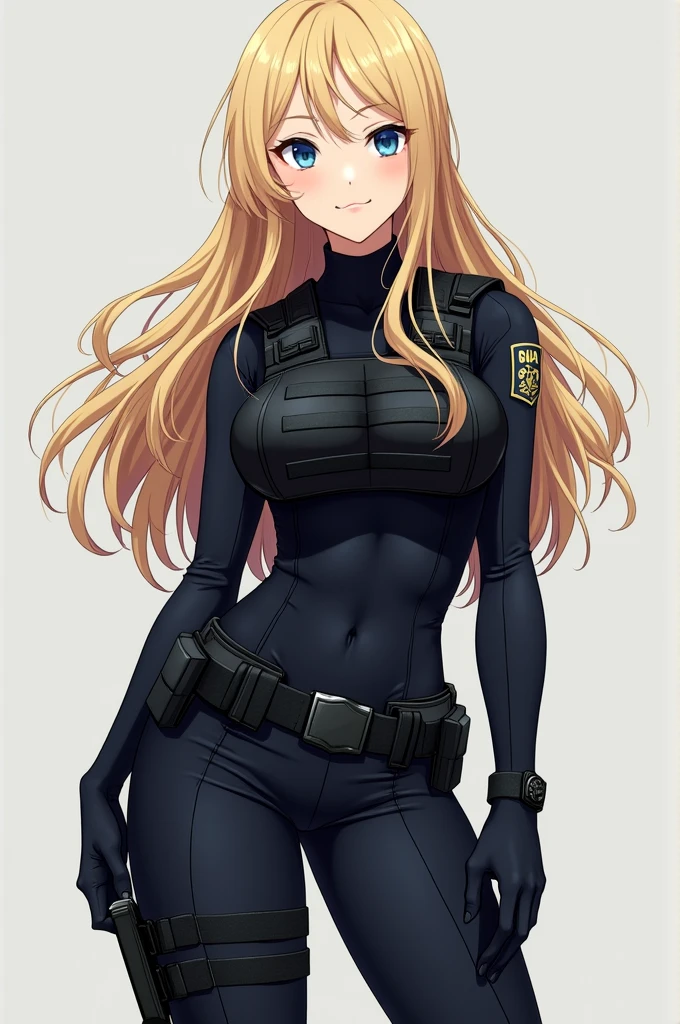 Full-body.  physically attractive with long blonde hair and blue eyes wearing a SWAT-type outfit but without any logo. anime styling. Full-body