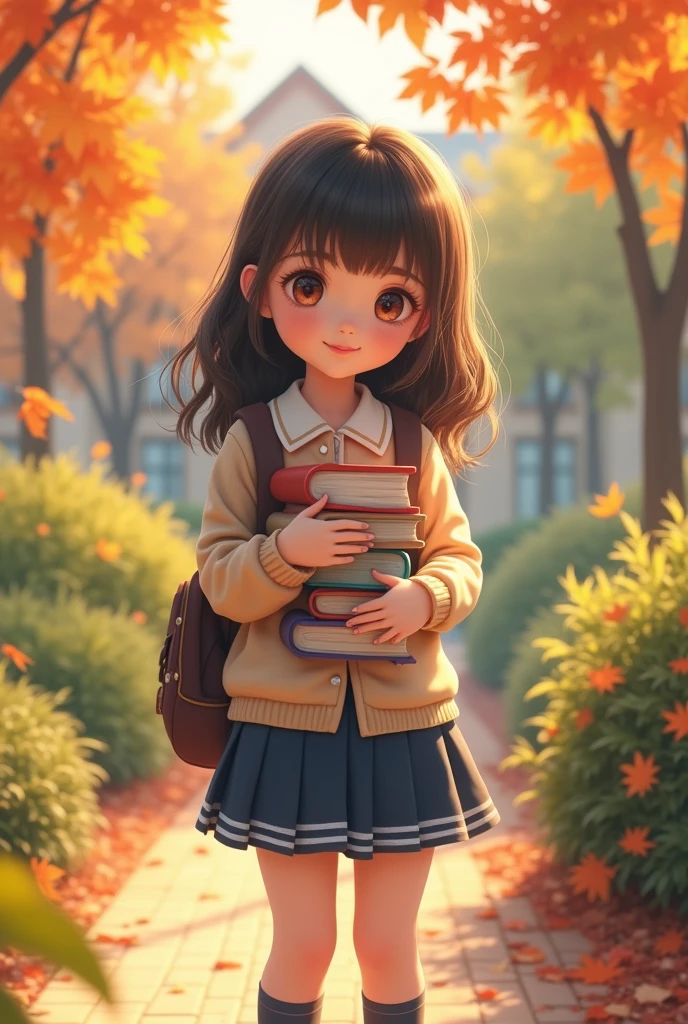 a , cute young girl in , school campus, outdoor garden, autumn leaves, sunlight, detailed facial features, beautiful eyes, long eyelashes, small nose, full lips, natural expression, detailed clothing folds, pleated skirt, knee-high socks, school bag, holding books, (best quality,4k,8k,highres,masterpiece:1.2),ultra-detailed,(realistic,photorealistic,photo-realistic:1.37),vibrant colors, natural lighting, cinematic composition, intricate background details, soft focus, warm color palette