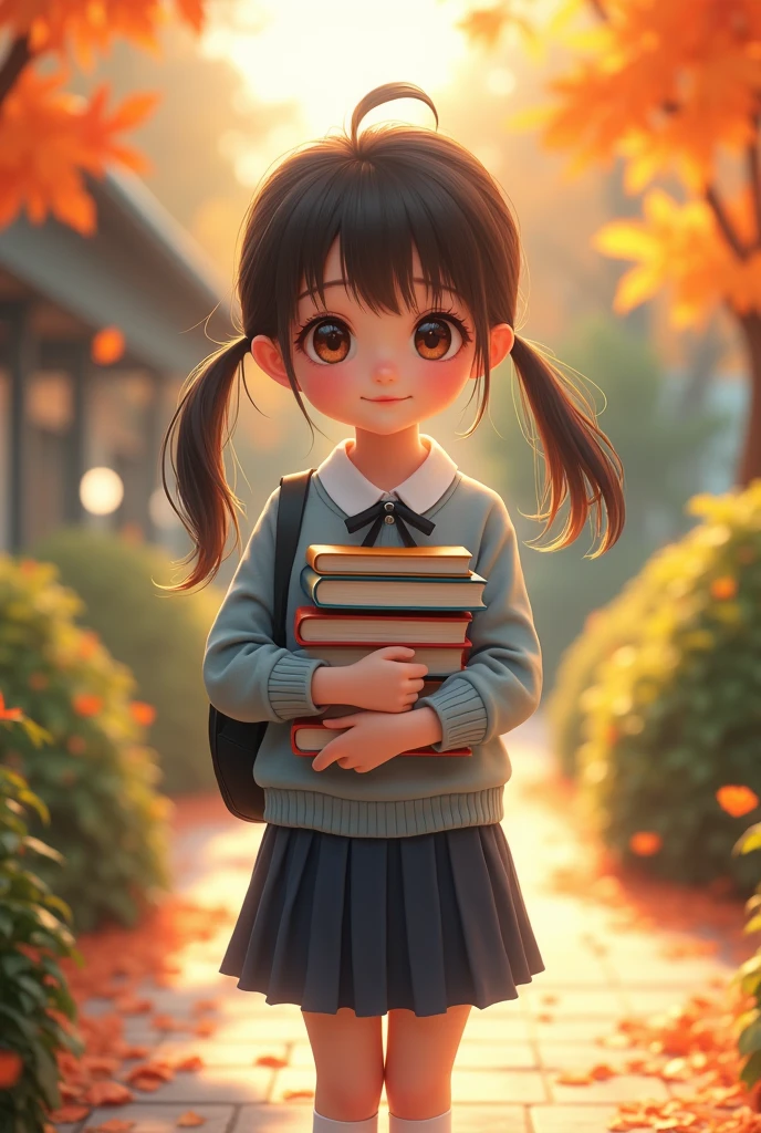 a , cute young girl in , school campus, outdoor garden, autumn leaves, sunlight, detailed facial features, beautiful eyes, long eyelashes, small nose, full lips, natural expression, detailed clothing folds, pleated skirt, knee-high socks, school bag, holding books, (best quality,4k,8k,highres,masterpiece:1.2),ultra-detailed,(realistic,photorealistic,photo-realistic:1.37),vibrant colors, natural lighting, cinematic composition, intricate background details, soft focus, warm color palette