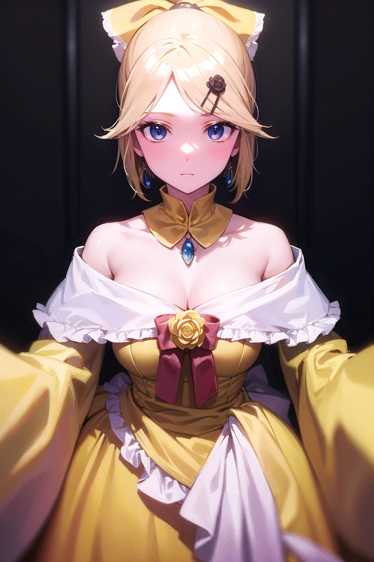 riliane, riliane, blonde hair, blue eyes, ponytail, short hair, parted bangs, (expressionless, empty eyes), BREAK bow, bracelet, dangle earrings, detached collar, dress, (yellow dress:1.5), dress bow, earrings, flower, flower brooch, frilled dress, frills, gown, hair bow, hair ornament, hairclip, jewelry, long sleeves, necklace, off shoulder, off-shoulder dress, ((cleavage, sexy, small breasts)), ((pov, from above)), pendant, sash, wide sleeves, BREAK cowboy shot, looking at viewer, BREAK indoors, BREAK (masterpiece:1.2), best quality, high resolution, unity 8k wallpaper, (illustration:0.8), (beautiful detailed eyes:1.6), extremely detailed face, perfect lighting, extremely detailed CG, (perfect hands, perfect anatomy),
