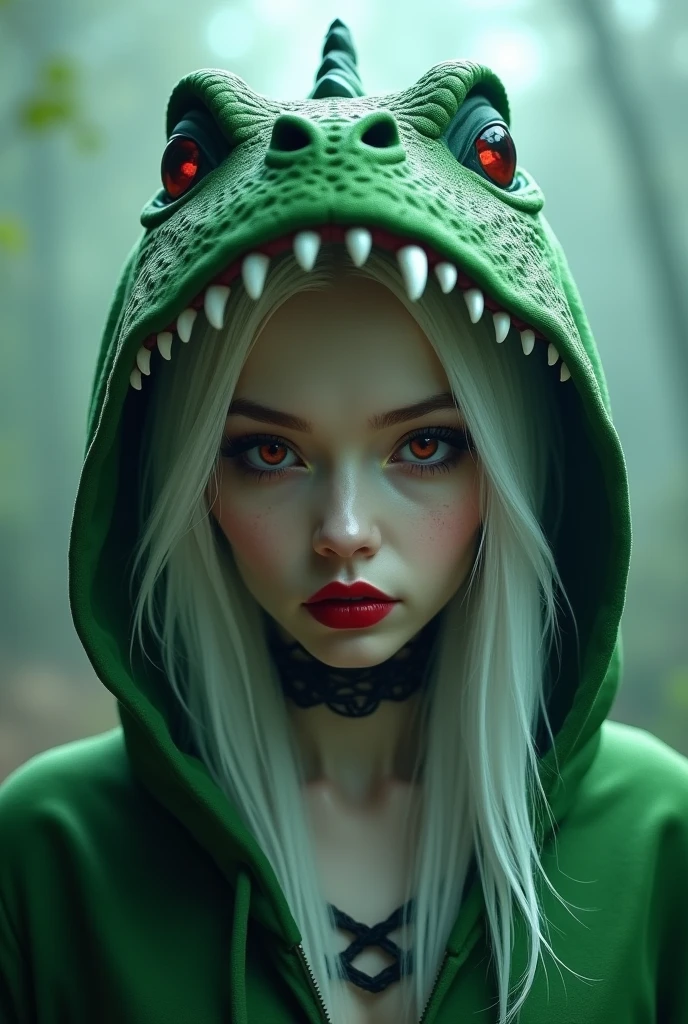 a beautiful vamipre woman with whiye hair and wearing a green t-rex hoodie hat 3d render