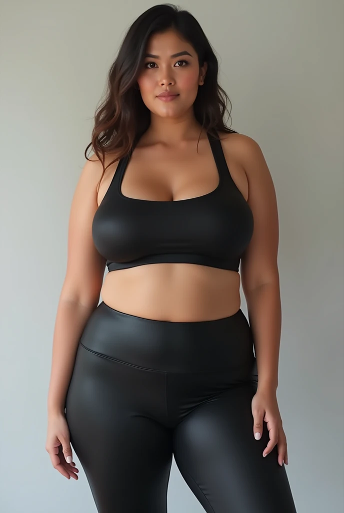 (original photo) an Indonesian woman. Age 30s.have a slightly round face. Have a sexy and curvy body. Standing wearing sportswear. Breasts look round. But covered in sportswear.