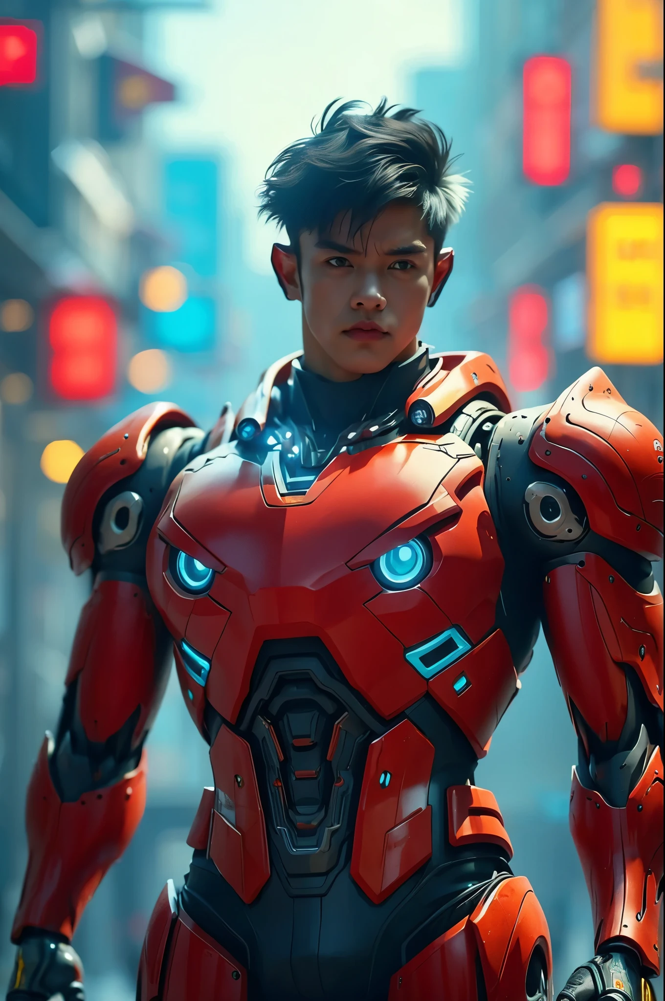 a highly detailed and intricate mecha robot, futuristic cyberpunk style.big muscle, glowing neon lights, cinematic composition, 8k, hyperrealistic, intricate mechanical details, advanced technology, complex machinery, gleaming metallic surfaces, dynamic pose, dramatic lighting, vibrant color palette, moody atmosphere, cinematic framing, photorealistic, intricate gears and components, advanced futuristic technology, masterpiece. hulk buster. earmount. 