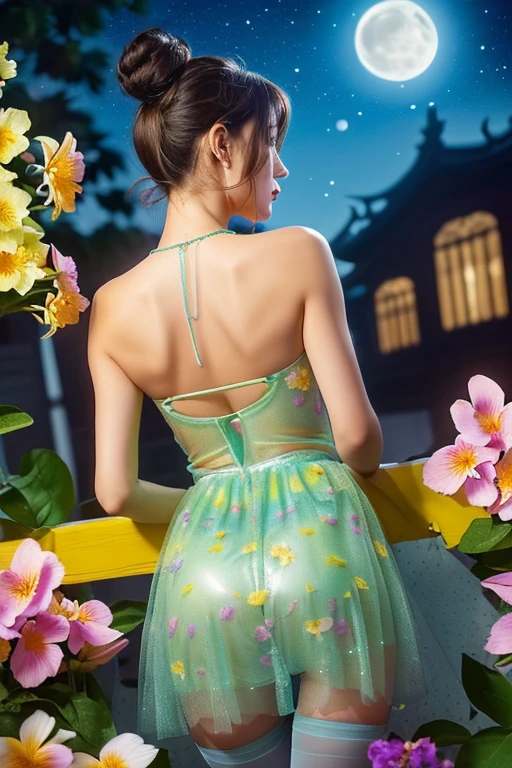 (((best quality))),(((Super detailed))),(((masterpiece))),((1 girl,alone)),(neat bun:1.2),(pretty face:1.3),((earrings,Crystal necklace)),((Slim,Thin)),((bare back,high hips,ass cleft)),(stockings:1.3),(A bright moon in the clear night sky as the background:1.3), gentle light,(Stand in a world full of vibrant flowers:1.3),(Gorgeous tulle Chinese long skirt:1.3),Bright Eyes,beautiful,(Surrounded by crowded bright flowers:1.5), kaleidoscope, Shimmer,Bright Moonlight, delicate petals, fragrance, otherworldly, magic realm, charm, peaceful, essence of beauty, Peace,(outdoor:1.2),(Night view:1.3),((from behind,Upper Body))