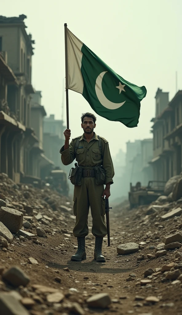 A soldier with Pakistan holding flag a war-torn village in pakistan after the 1971 conflict with india, destroyed buildings, rubble, abandoned vehicles, emotional soldiers, gray skies, somber mood, (best quality,4k,8k,highres,masterpiece:1.2),ultra-detailed,(realistic,photorealistic,photo-realistic:1.37),gritty realism,muted colors,dramatic lighting,war photography 