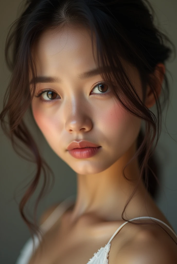 8k, Best Quality, masterpiece, ultra high resolution, (Realism: 1.4), Photo original, (realistic skin texture: 1.3), (film grain: 1.3), (Selfie angle), 1 girl, Beautiful eyes and face details, masterpiece, Best Quality, close up, Upper part of the body, looking at the viewer