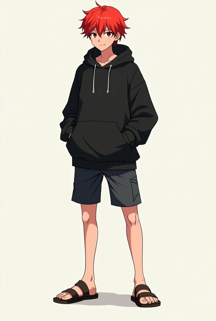 He has red hair, wears a black hoodie and sandals, is 190 cm tall, and is an anime guy.