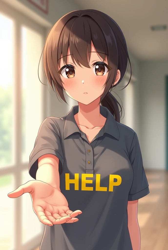 A person extending his hand as if to help the screen with a soft smile on his face and engaging and caring being ready to help, with a gray polo shirt with help written in yellow, in anime manga