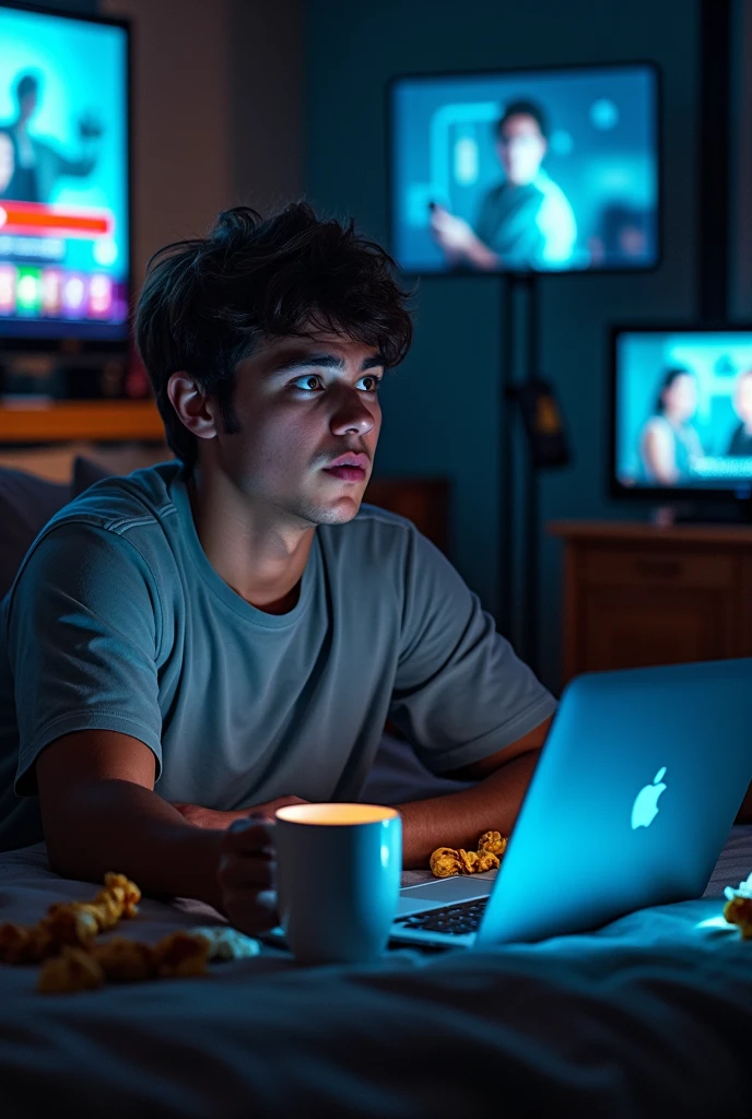 Image: Choose an image that shows someone frantically watching multiple screens or binge-watching content. It could be a person surrounded by snacks, eyes wide open, with multiple devices (laptop, phone, tablet) playing shows.