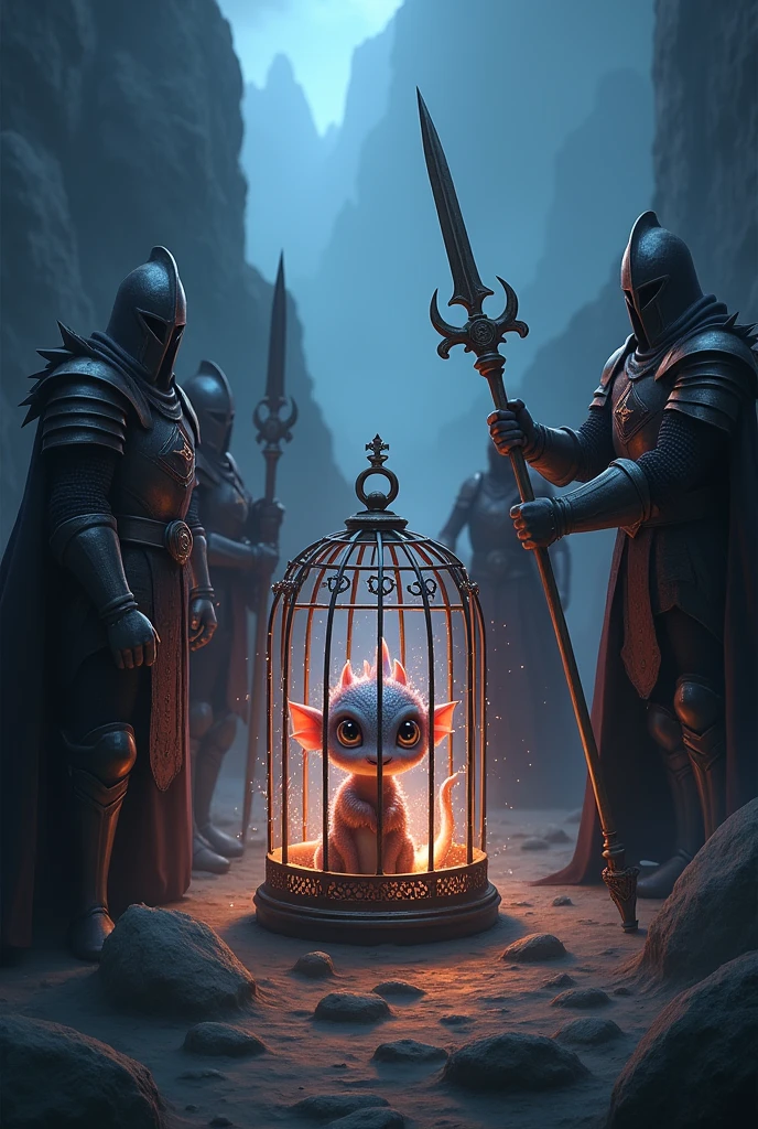 Adorable baby dragon scared and trapped inside a magical cage, guarded by terrifying dark knights who are traveling. dark fantasy style 