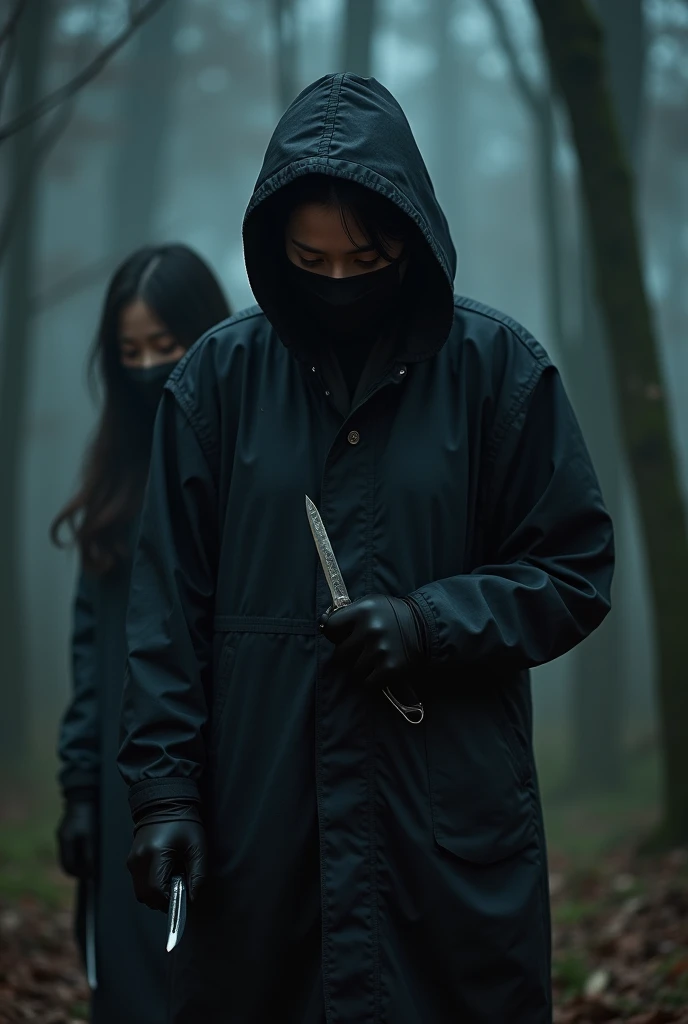 2 korean girl, (behind stiff, holding knife), stabbing, black surgical mask, black gloves, night forest, night, black raincoat, hood up, holding knife, black gloves, 20 years old, woman on top, behind cadaver, blood splatter, mass murderer, killer, blood splatter,
