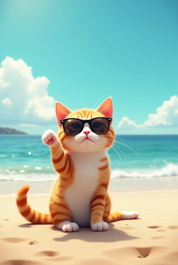 A cat is sunbathing on the beach, wearing sunglasses, and raising his leg up to the mall, being playful.