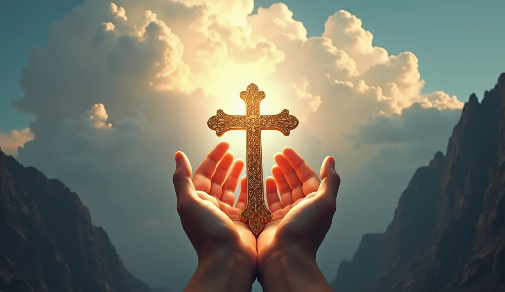 (photorealism:1.2), hands holding a christian cross with light, huge cloud, standing in midle of mountaint