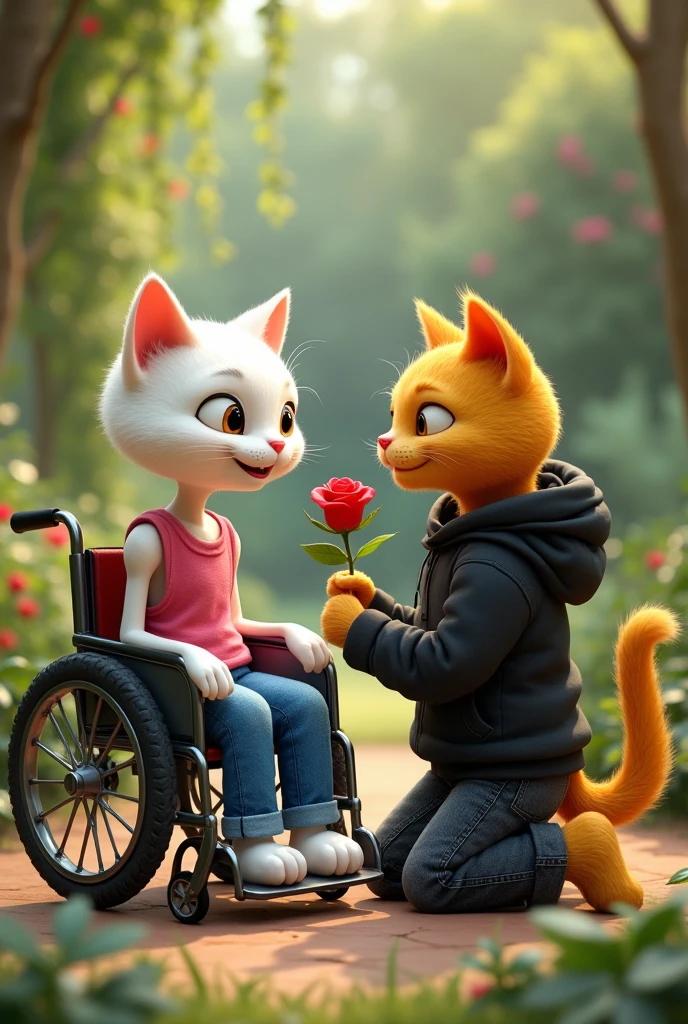 A smiling white bony cat dressed in pink top and blue jeans on wheelchair is brought in garden And proposed by yellow cat dressed in tattered black hoodie and black jeans  with red rose