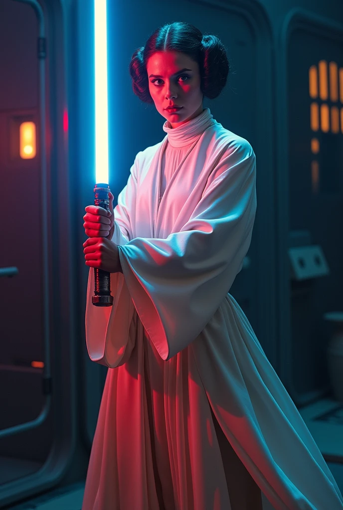Princess Leia with a lightsaber.