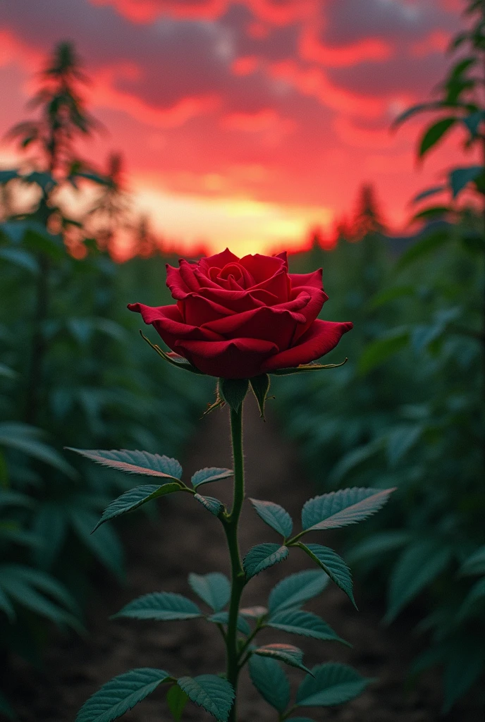 A rose on a farm and right behind it there is a marijuana plantation , and the sky pouring blood