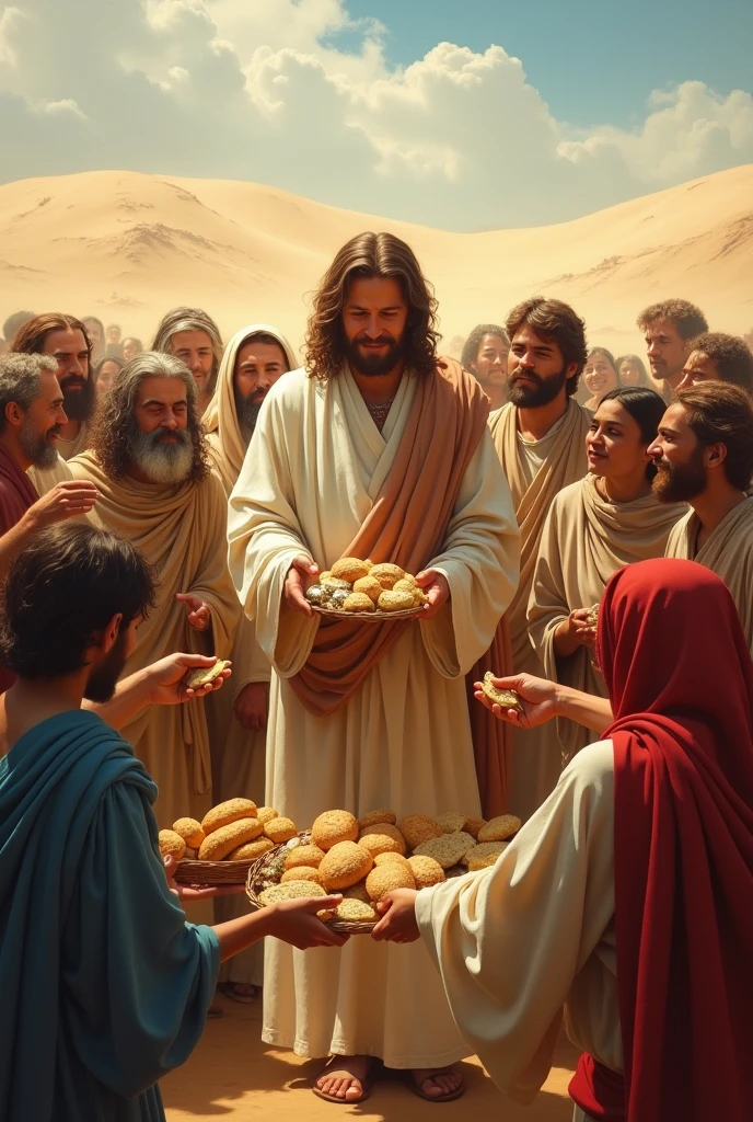 crowd in the desert with Jesus eating the bread and fish with abundance and joy