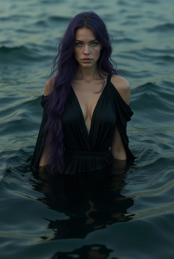 English woman,skin fair,sparkling green eyes,dark purple hair,black greek dress goddess,coming out of the black sea,cinema image,品質,full body images,detailed