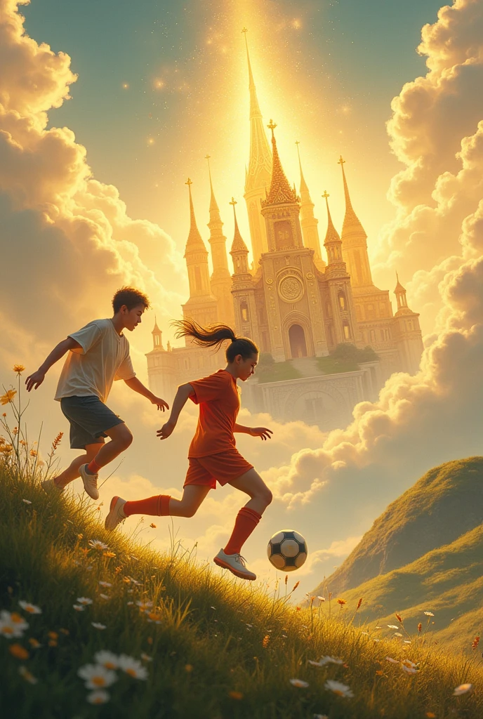 Un royaume celeste en or dans les nuages avec 2 jeunes garçons de 20 ans et une fille joueant au football