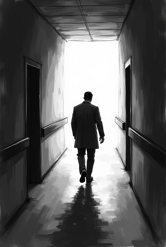Sketch of a man, doctor, Walking towards the horizon, standing backwards, in a dark hospital corridor. Dense white light at the end of the hallway. dark image