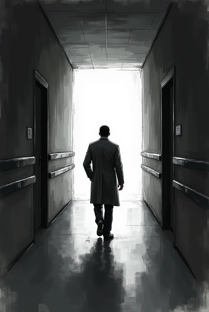 Sketch of a man, doctor, Walking towards the horizon, standing backwards, in a dark hospital corridor. Dense white light at the end of the hallway. dark image