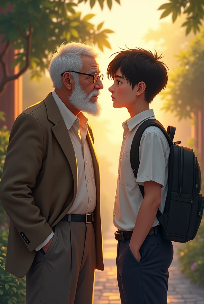 A boy of 18years in school uniform saying bye to his grandfather 