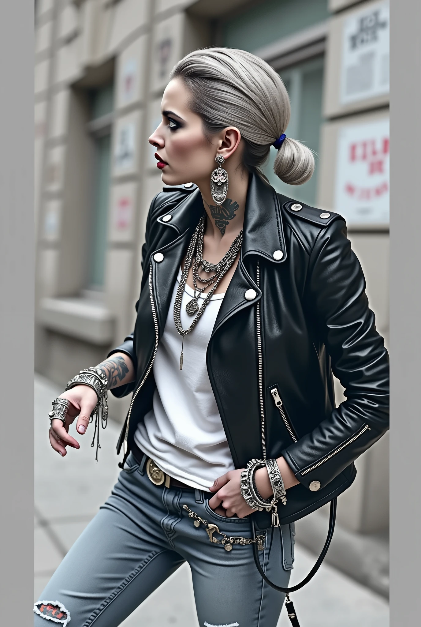russian old milf woman, biker gang member, short grey combed back with a lot of hair gel, with very light blue eyes, extremely pale, heavy eye shadows. Thin. Sad, humbled face, smeared excessive make up and smeared excessive dark red lipstick Wearing cropped black moto jacket, neon pink leopard print bra, skinny black jeans and white tennis sneakers. Lots of metallic bracelets. Visible thong straps .Big pentacle pendant. Tacky wide belt with massive skull and bones buckle . Demonic tattoos, on belly too. Lots of rings and ethnic bracelets. Wide loop earrings. Looks at the camera with pouty expression. Toned abs, long neck, thin arms and legs. separated legs
