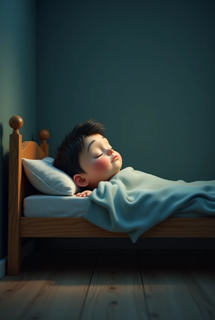 Generate in cinematic 3d cartoon style A sick  lying in a simple wooden bed, with pale skin and closed eyes, in a dimly lit room.