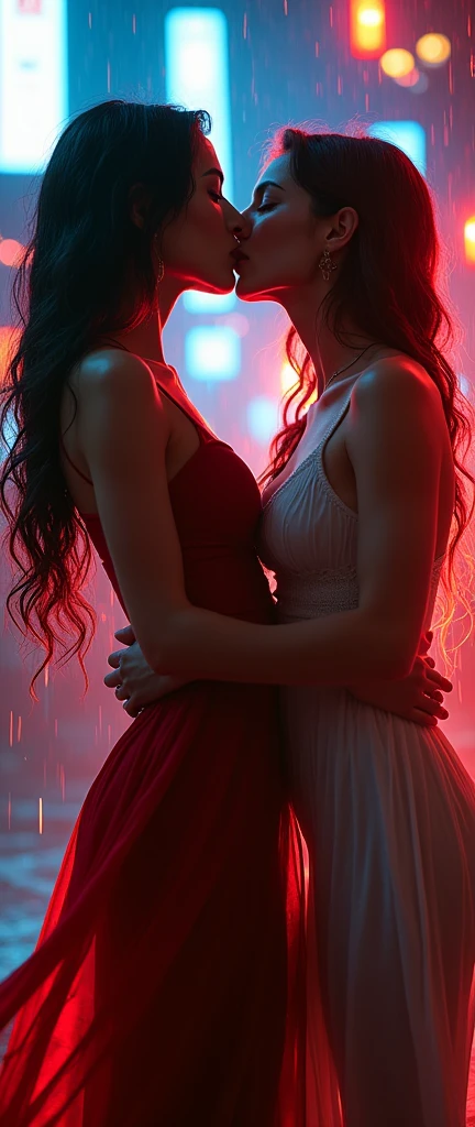  between 2 beautiful women passionate kissing, detailed facial features, detailed skin, detailed clothing, dynamic poses, intense expressions, raining wet urban city background, neon lights, cinematic lighting, vibrant colors, high contrast, gritty, street art style, hyper realistic, 8k, best quality, masterpiece