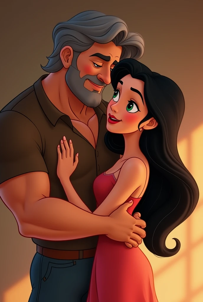 Robust man with brown eyes, black hair with gray hair, hugging a slim woman ,  with black hair olive green eyes Disney cartoon 