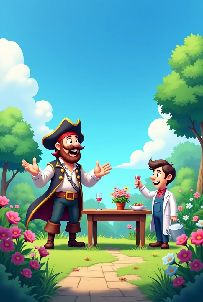 animated scene of a simple garden with a table. a pirate standing on one side of the table. a doctor and gardener standing on the other. the pirate is singing