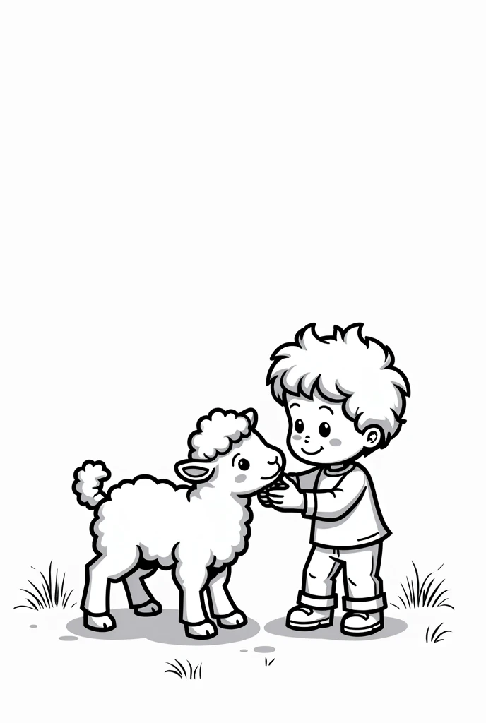Coloring page, black and white, lines, no shadows, no black filled shapes, boy looking at and patting lamb