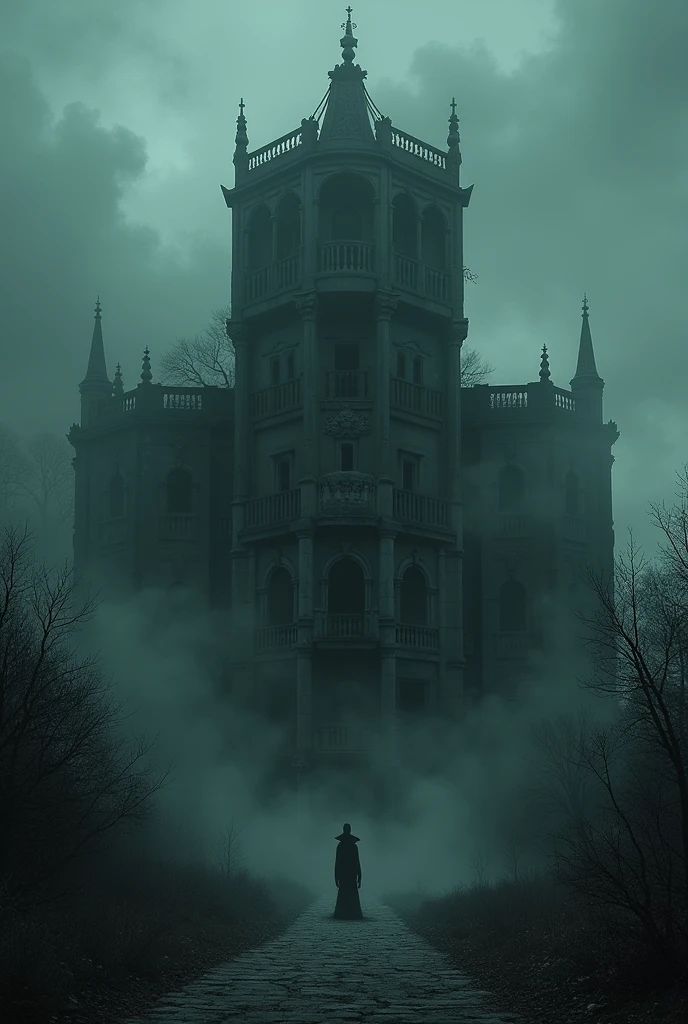 Dark,a old ancient building, bampire,black cloud, deep fog,smoke.