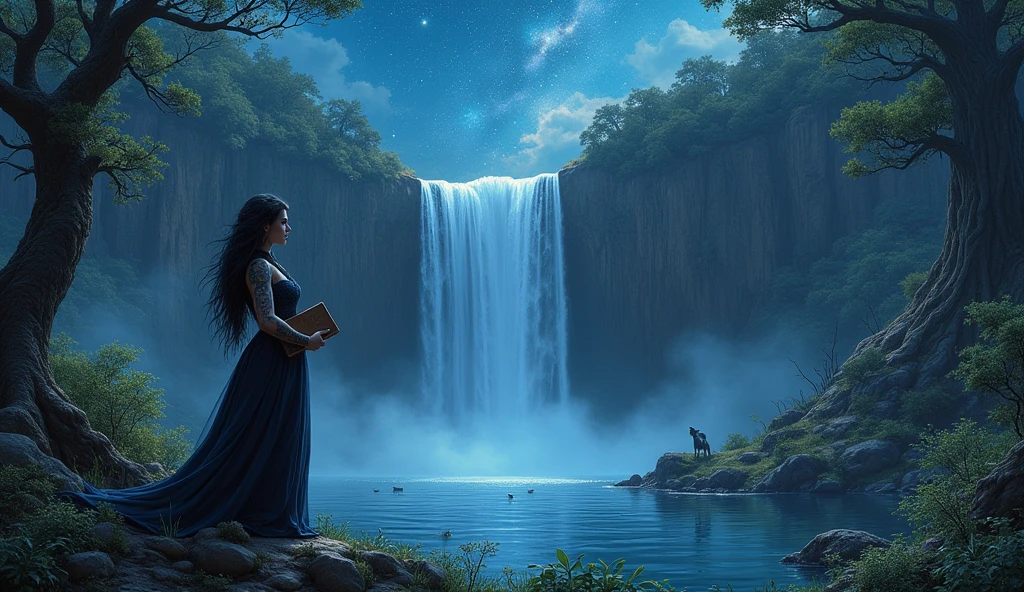 Une belle nuit étoilé avec une jolie cascade , des rochers , des animaux , un jolie lac , un protecteur de la forêt au dessus de la cascade , une jolie femme provocante avec des tatouages un livre dans la main

