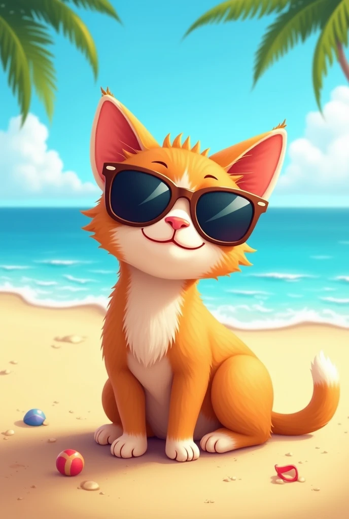A cat is sunbathing on the beach, wearing sunglasses, funny, cartoon.