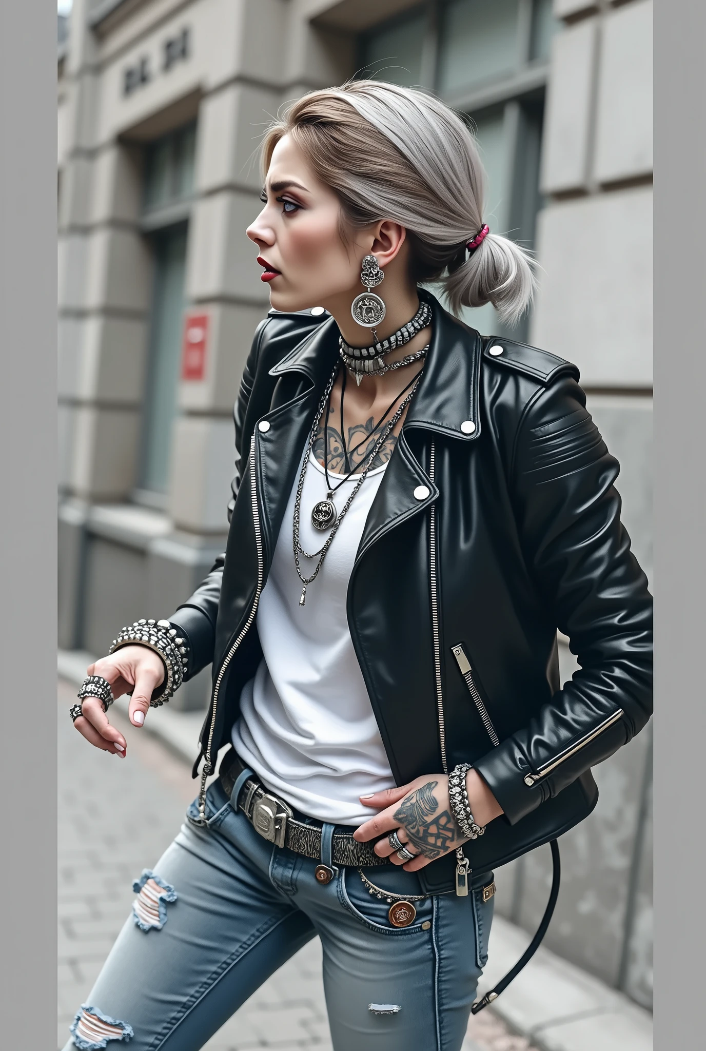 russian old milf woman, biker gang member, short grey combed back with a lot of hair gel, with very light blue eyes, extremely pale, heavy eye shadows. Thin. Sad, humbled face, smeared excessive make up and smeared excessive dark red lipstick Wearing cropped black moto jacket, neon pink leopard print bra, skinny black jeans and white tennis sneakers. Lots of metallic bracelets. Visible thong straps .Big pentacle pendant. Tacky wide belt with massive skull and bones buckle . Demonic tattoos, on belly too. Lots of rings and ethnic bracelets. Wide loop earrings. Looks at the camera with pouty expression. Toned abs, long neck, thin arms and legs.  separated legs