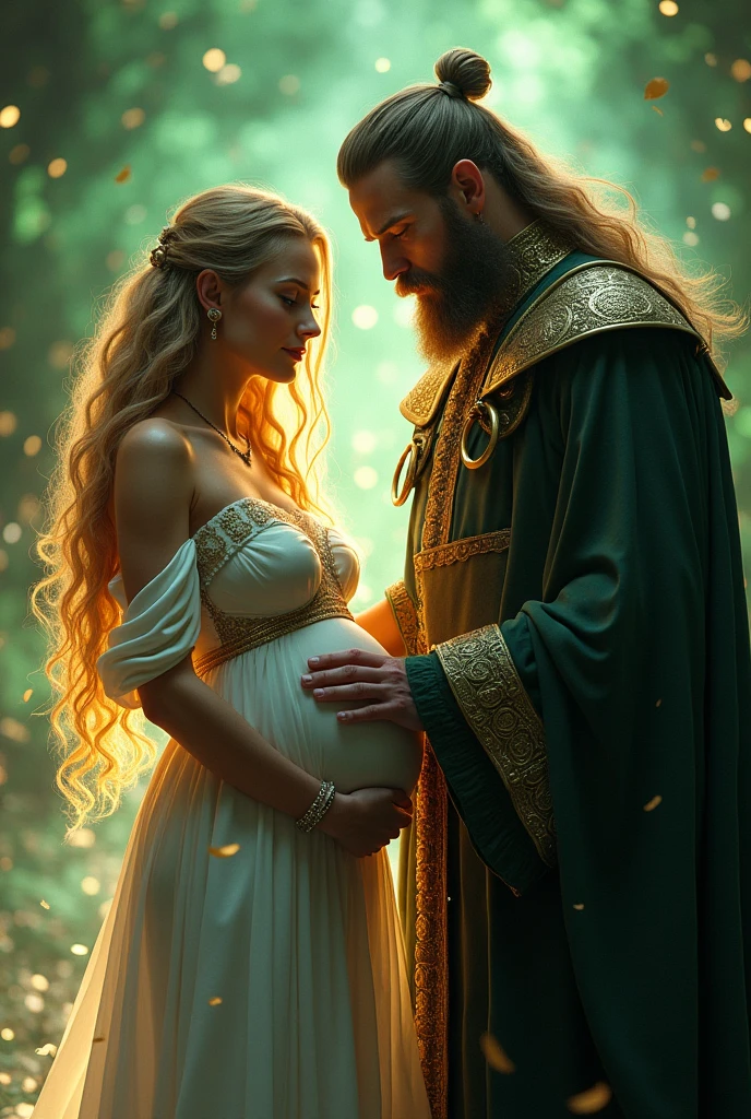 Leah:beautiful,long hair,golden Curly hair, blue eyes, sexy, humble,wear white and gold out fit.pregnant and her have Loki husband .           

Loki: majestic and sly, wearing elaborate Norse attire, mischief glinting in his eyes, surrounded by mystical, swirling green and gold magic,        Loki helped her get dressed.