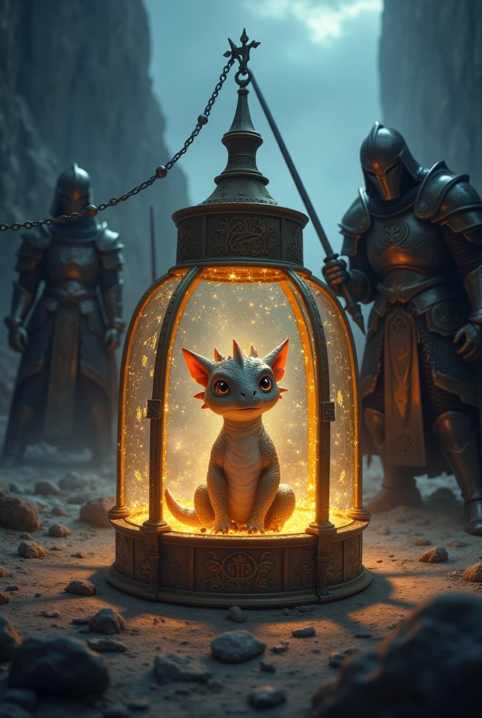 Adorable baby dragon scared and trapped inside a magical cage, guarded by terrifying dark knights who are traveling. dark fantasy style 