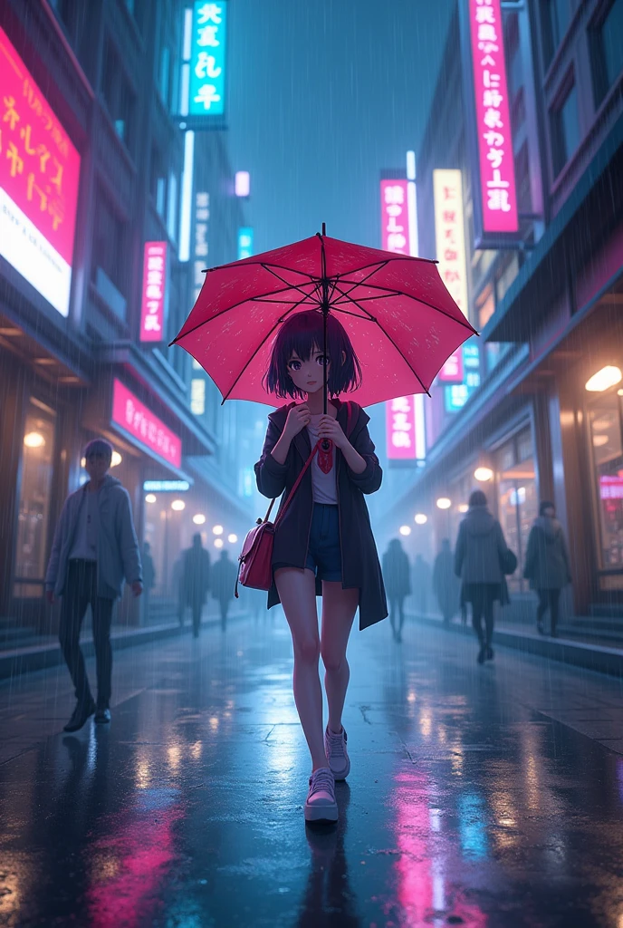 Anime girl rain unbrella neon city the beautiful girl is walking the back
