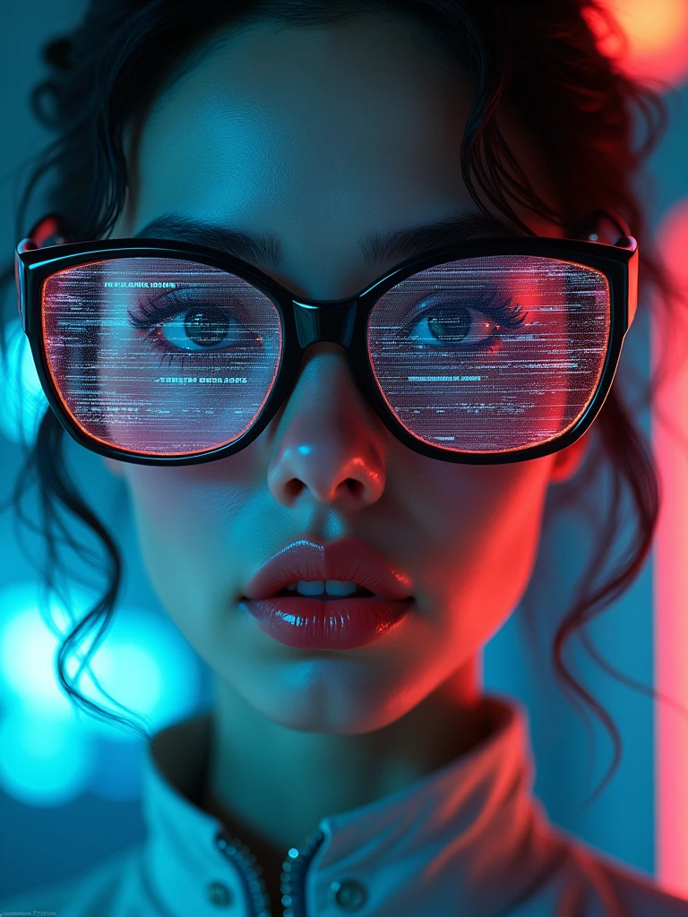 A beautiful woman with attention to detail, wearing futuristic cyber glasses with displayed data, text: "PIVARTS" | standing and looking at the camera, with a close-up of her detailed face and shiny lips, in a realistic art style with a cinematic experience, high resolution and 3D effect. ((More detail, enhanced, poakl)).