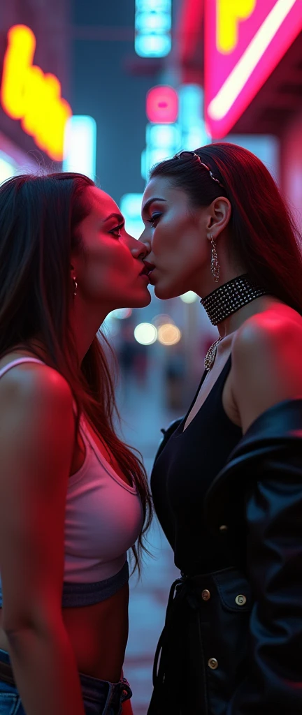 a staged beatbox battle between 2 beautiful women, detailed facial features, detailed skin, detailed clothing, dynamic poses, intense expressions, urban city background, neon lights, cinematic lighting, vibrant colors, high contrast, gritty, street art style, hyper realistic, 8k, best quality, masterpiece